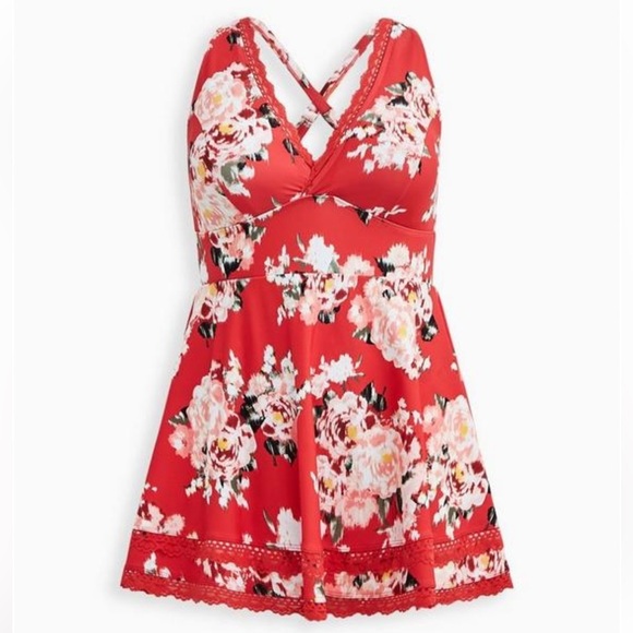 NWOT Torrid sz 2 Nice Ikat Floral Mid Lace Trimmed Swim Suit Dress 2X - Picture 1 of 3